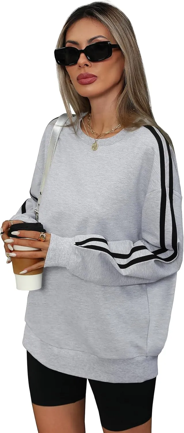 WIHOLL Womens Sweatshirts Oversized Long Sleeve Pullover Striped Shirts Crewneck Fall Outfits Y2K Preppy Clothes