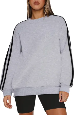 WIHOLL Womens Sweatshirts Oversized Long Sleeve Pullover Striped Shirts Crewneck Fall Outfits Y2K Preppy Clothes