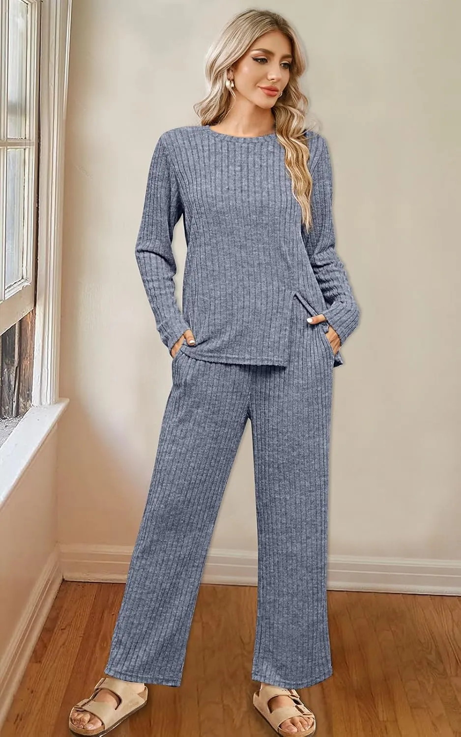 WIHOLL Womens Two Piece Outfits Lounge Sets Cozy Sweater Loungewear with Pockets
