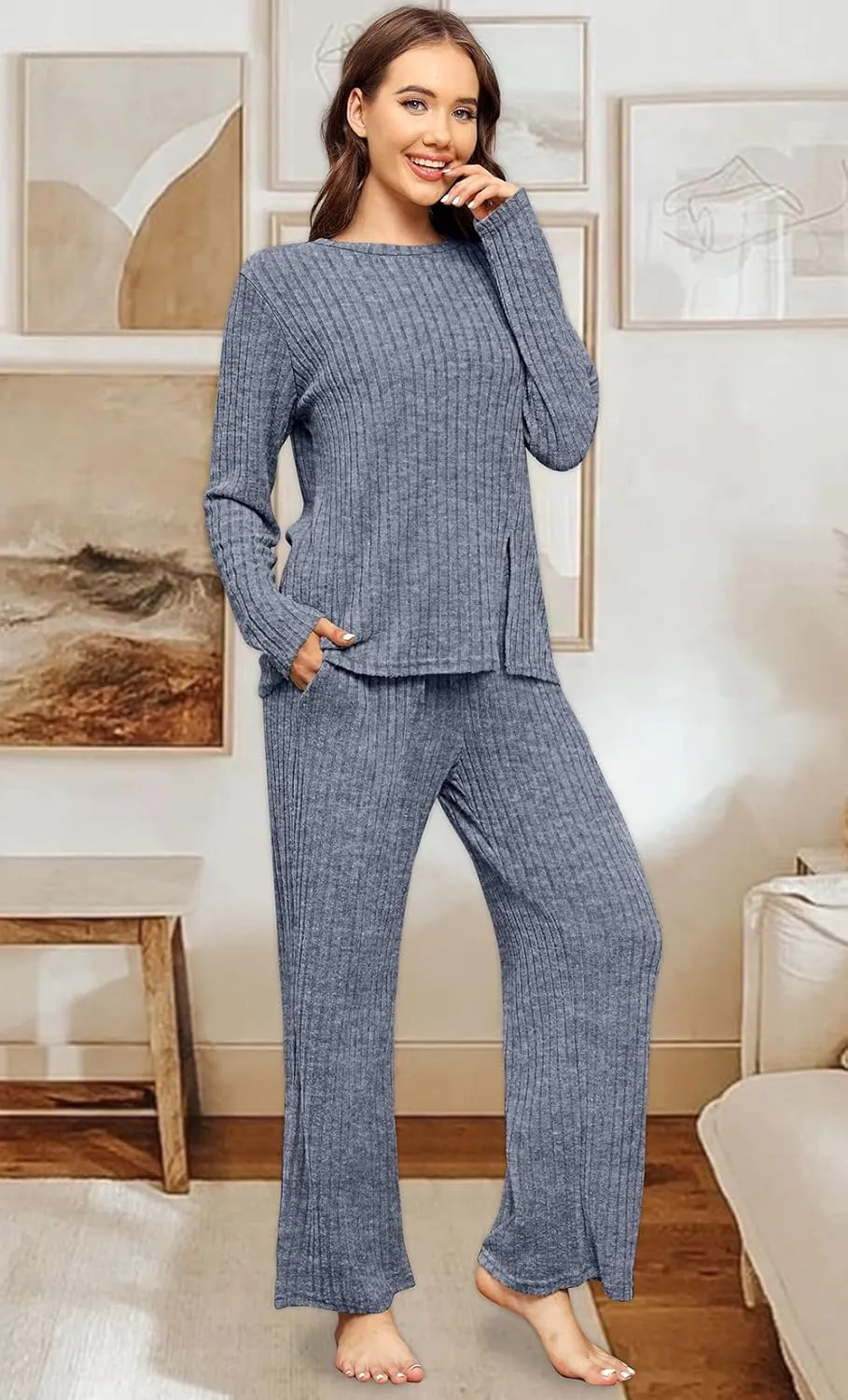 WIHOLL Womens Two Piece Outfits Lounge Sets Cozy Sweater Loungewear with Pockets