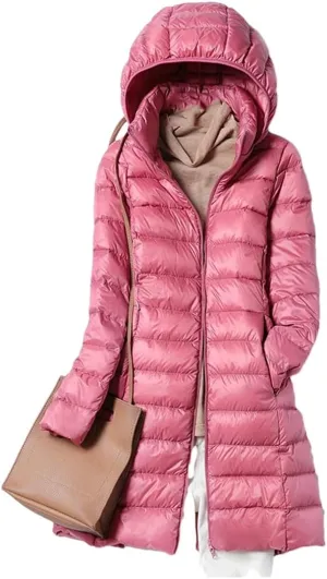 Winter Womens Fashion Slim Remove Hooded Parka Outerwear Down Jackets Long Thin Coat Puffer Jacket
