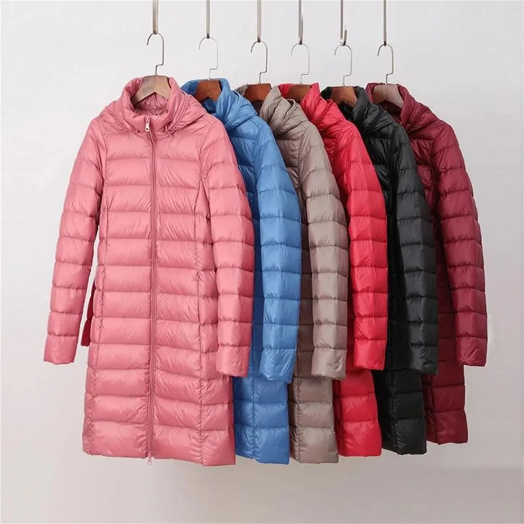 Winter Womens Fashion Slim Remove Hooded Parka Outerwear Down Jackets Long Thin Coat Puffer Jacket