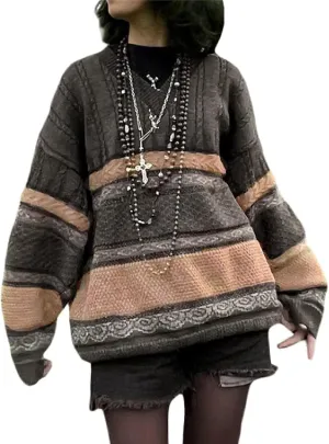 Women Argyle Plaid Oversized Sweater Long Sleeve Crewneck 90s Vintage Aesthetic Pullover Top Harajuku Preppy Sweater
