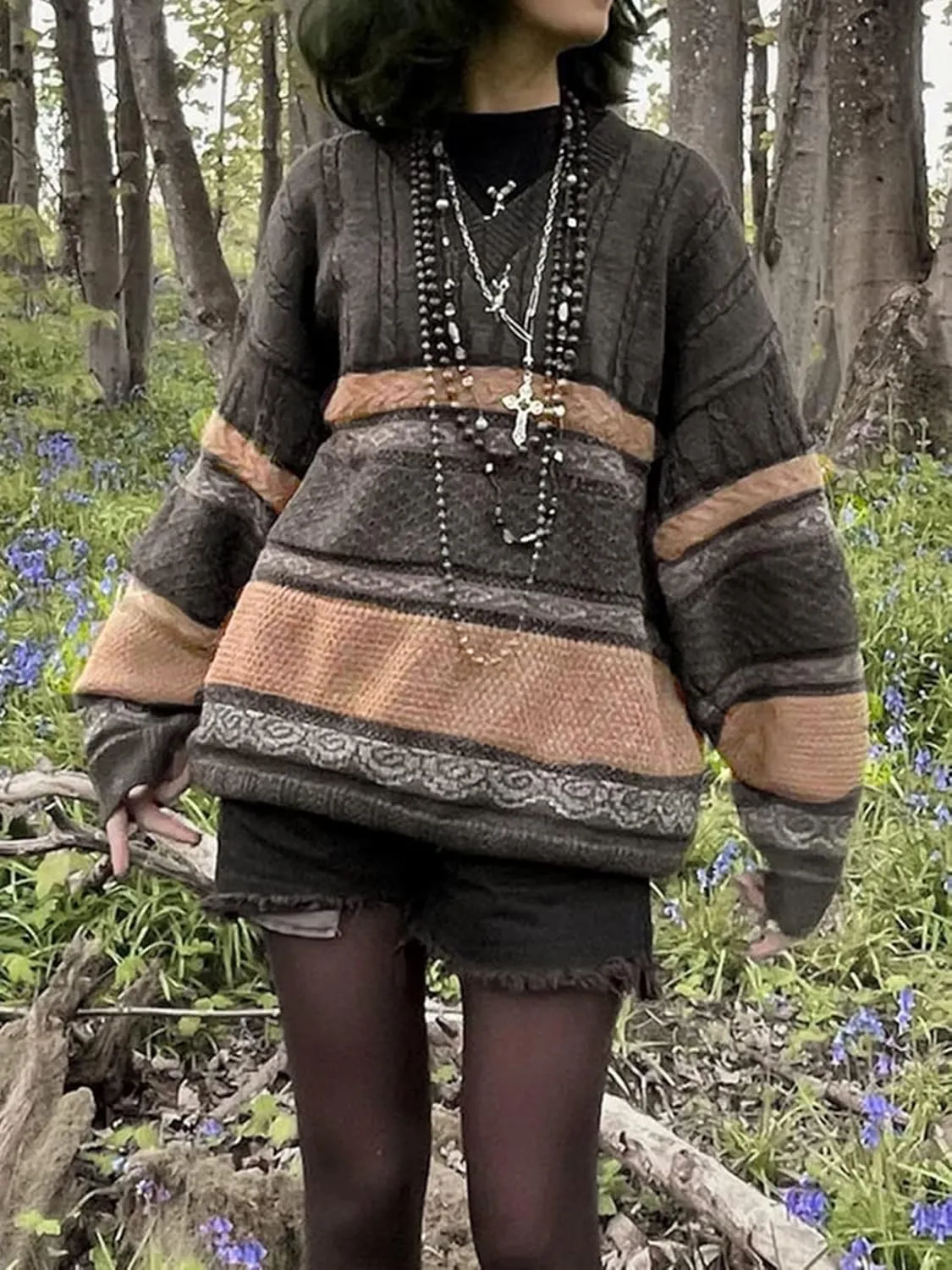 Women Argyle Plaid Oversized Sweater Long Sleeve Crewneck 90s Vintage Aesthetic Pullover Top Harajuku Preppy Sweater