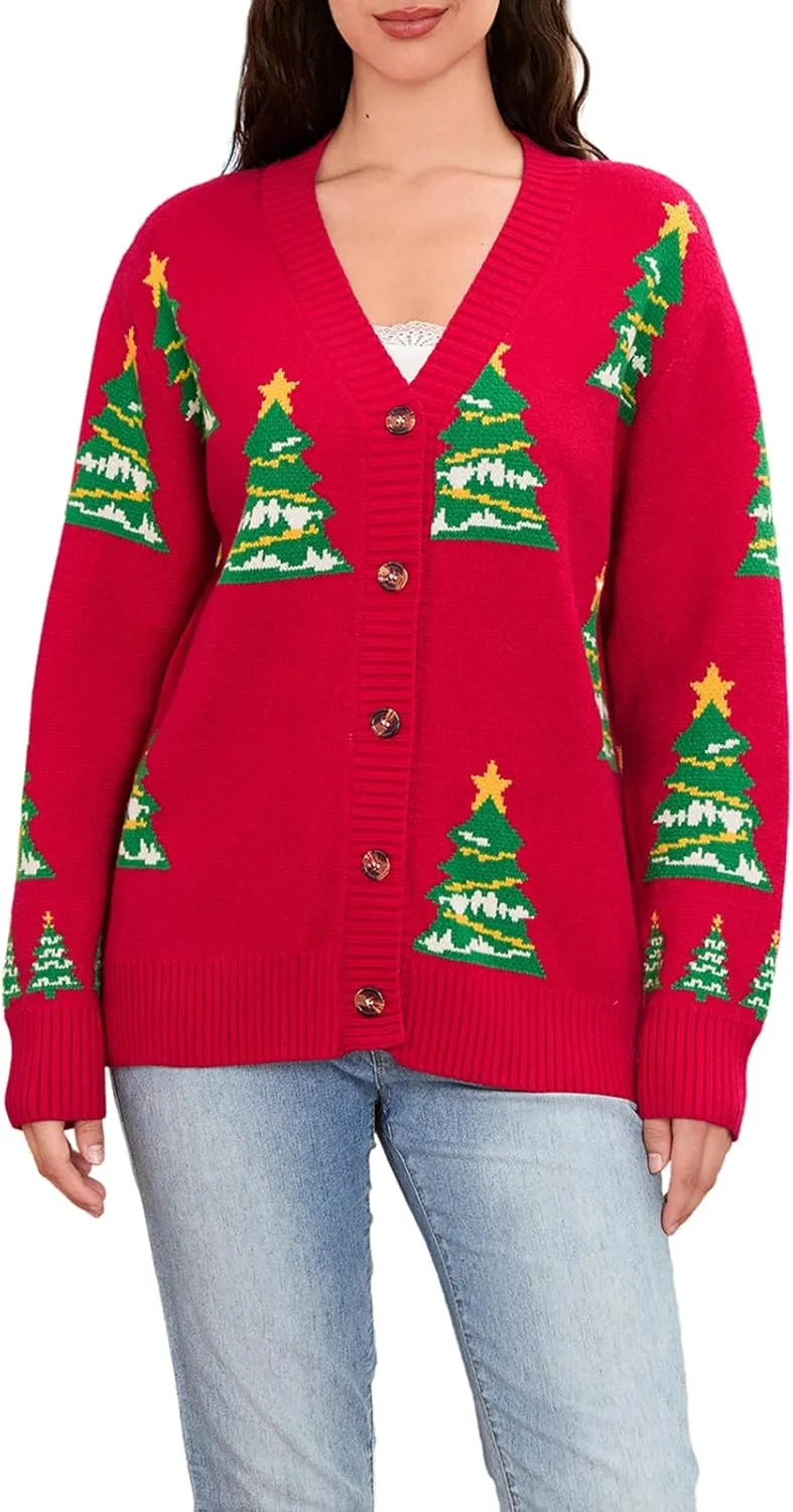 Women Christmas Cardigan Sweater Long Sleeve Button Down Open Front Crop Knit Sweater Coat Christmas Warm Outerwear