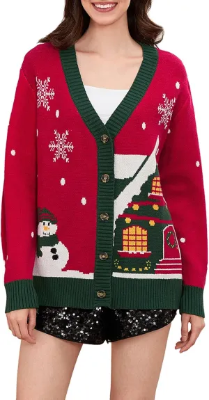 Women Christmas Cardigan Sweater Long Sleeve Button Down Open Front Crop Knit Sweater Coat Christmas Warm Outerwear