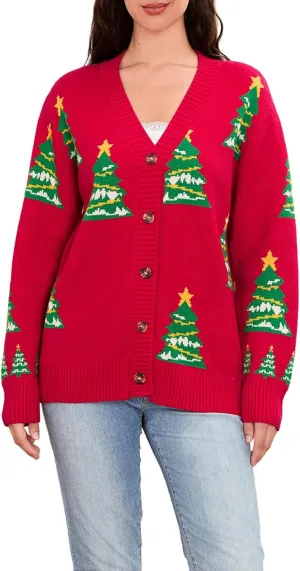 Women Christmas Cardigan Sweater Long Sleeve Button Down Open Front Crop Knit Sweater Coat Christmas Warm Outerwear