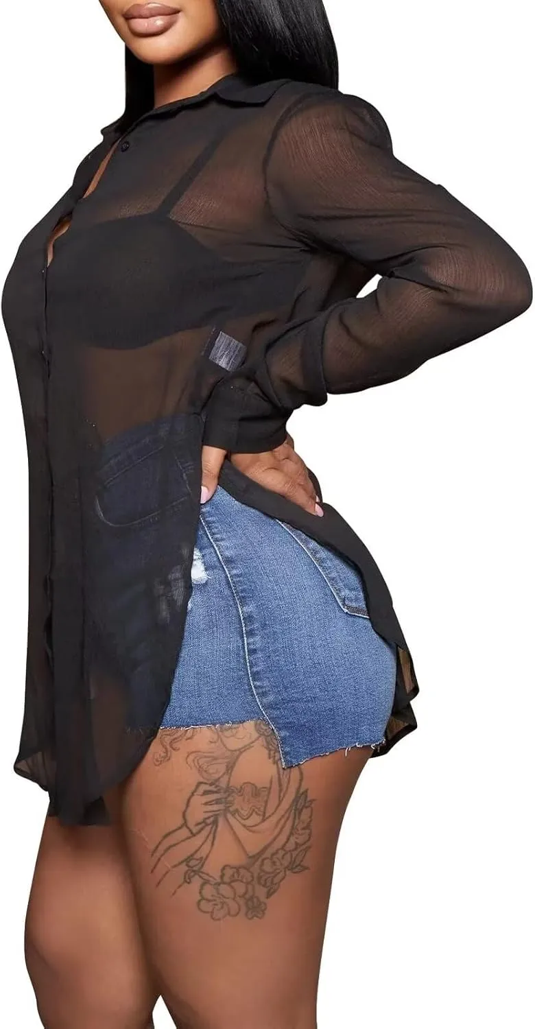 Women Collar V Neck Sheer Shirt See Through Button Down Split Blouse Top