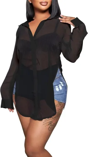 Women Collar V Neck Sheer Shirt See Through Button Down Split Blouse Top