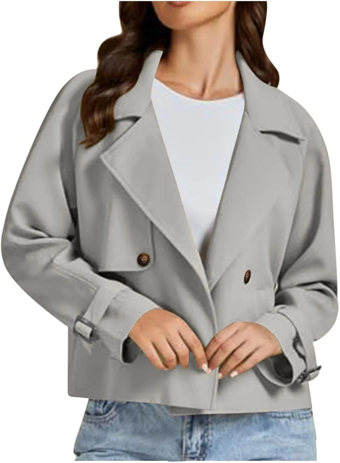 Women Crop Double Breasted Trench Coat Raglan Sleeve Work Office Cropped Jacket With Pockets Fashion Fall Jackets