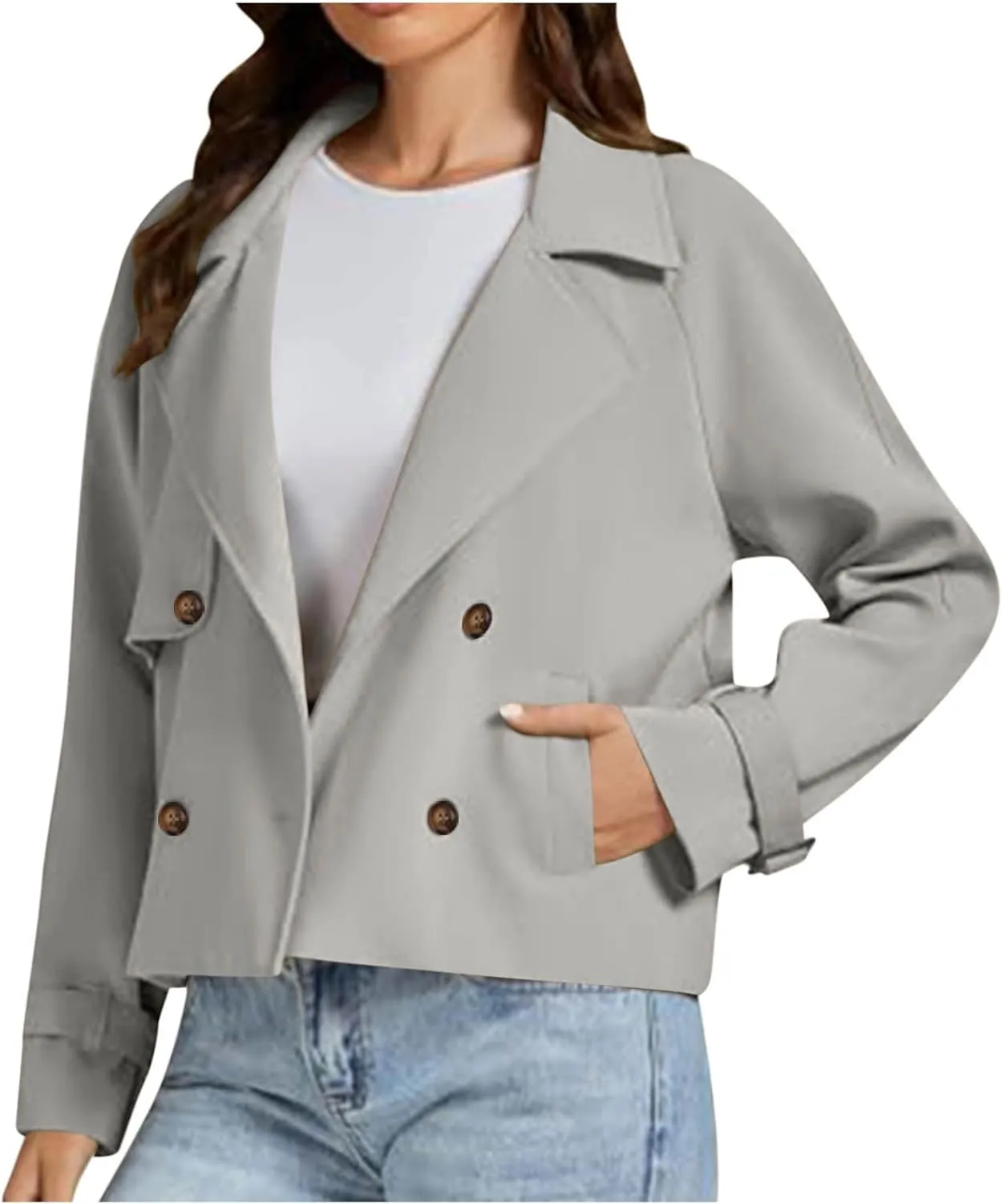 Women Crop Double Breasted Trench Coat Raglan Sleeve Work Office Cropped Jacket With Pockets Fashion Fall Jackets