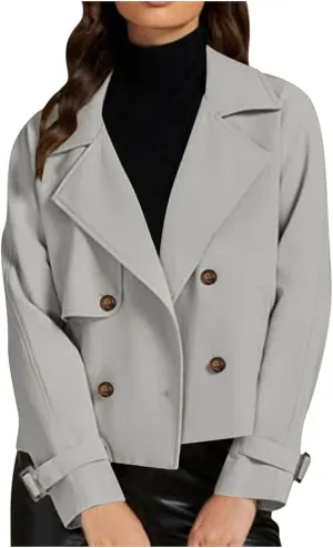 Women Crop Double Breasted Trench Coat Raglan Sleeve Work Office Cropped Jacket With Pockets Fashion Fall Jackets