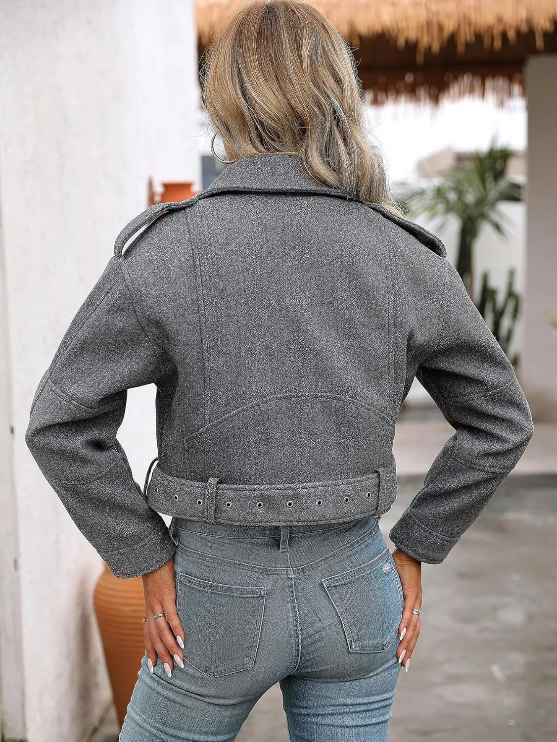 Women Cropped Woolen Coat Bomber Biker Jacket Outwear with Belt