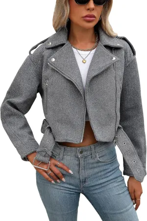Women Cropped Woolen Coat Bomber Biker Jacket Outwear with Belt