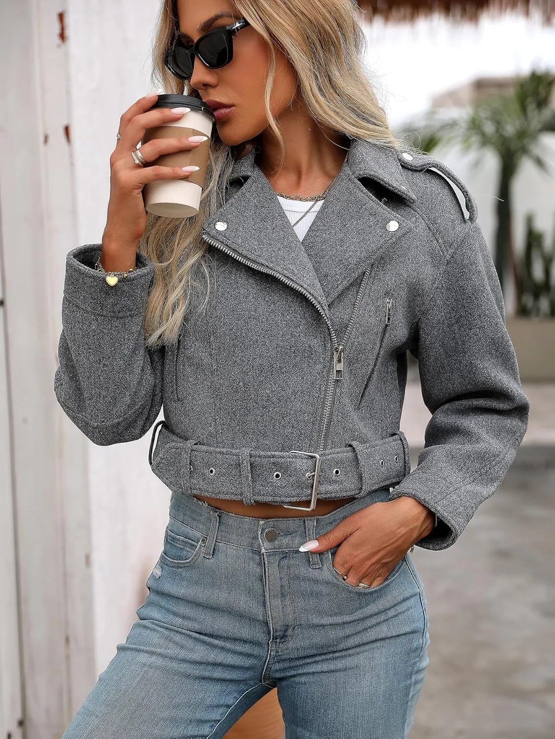 Women Cropped Woolen Coat Bomber Biker Jacket Outwear with Belt