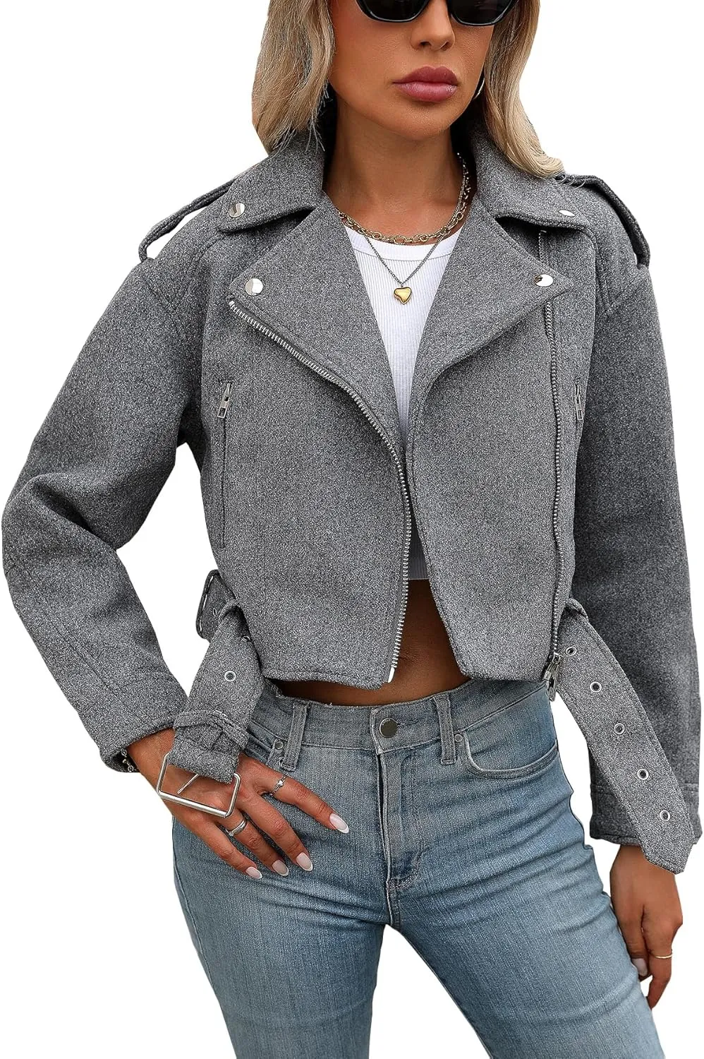 Women Cropped Woolen Coat Bomber Biker Jacket Outwear with Belt