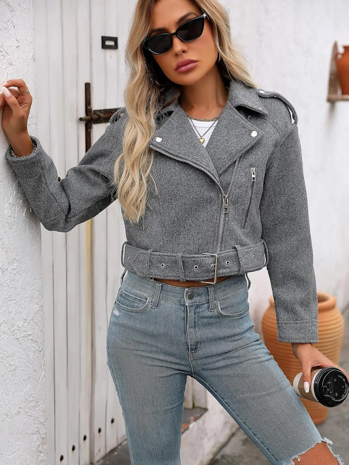 Women Cropped Woolen Coat Bomber Biker Jacket Outwear with Belt