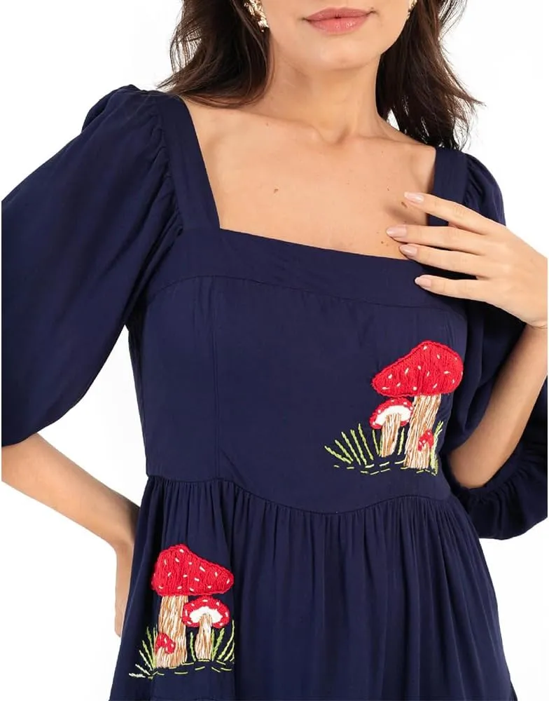 Women Embroidered Maxi Dress Puff Sleeve Square Neck Bohemian Flowy Smocked Dress Summer Fall Boho Long Dresses