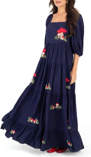 Women Embroidered Maxi Dress Puff Sleeve Square Neck Bohemian Flowy Smocked Dress Summer Fall Boho Long Dresses