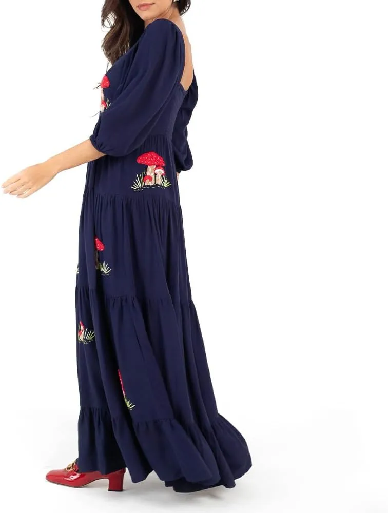 Women Embroidered Maxi Dress Puff Sleeve Square Neck Bohemian Flowy Smocked Dress Summer Fall Boho Long Dresses