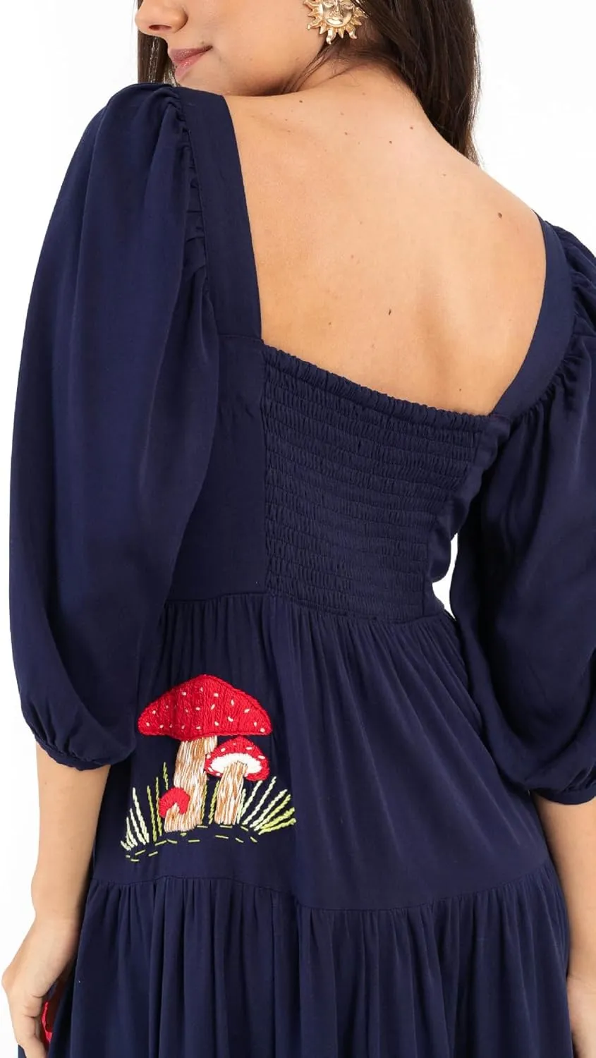 Women Embroidered Maxi Dress Puff Sleeve Square Neck Bohemian Flowy Smocked Dress Summer Fall Boho Long Dresses