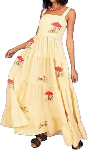 Women Embroidered Maxi Dress Sleeveless Smocked Flowy Sundress Boho Summer Long Dresses Beach Vocation
