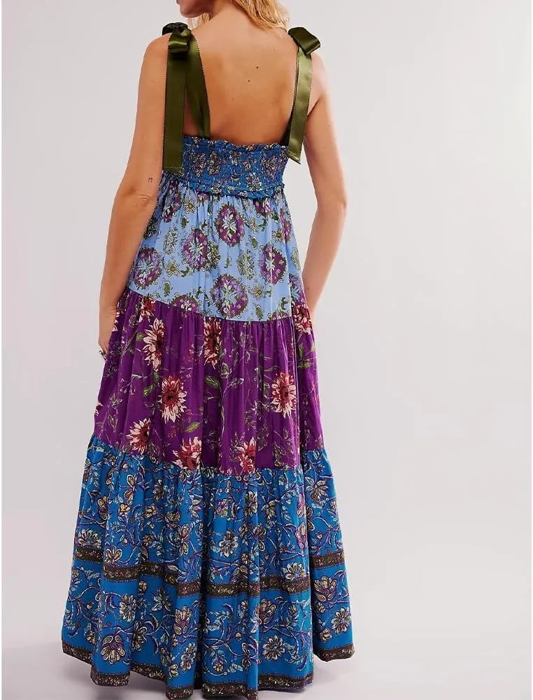 Women Floral Maxi Dress Sleeveless Tie Shoulder Bohemian Flowy Smocked Casual Dresses Summer Sundress with Pockets