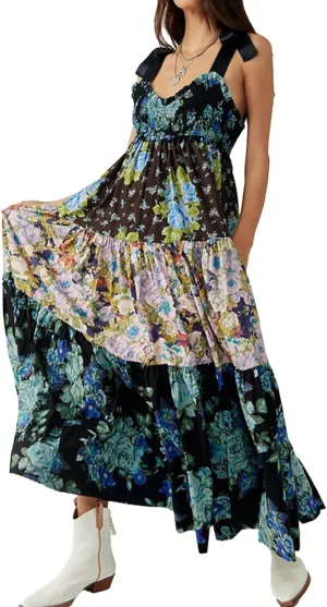 Women Floral Maxi Dress Sleeveless Tie Shoulder Bohemian Flowy Smocked Casual Dresses Summer Sundress with Pockets