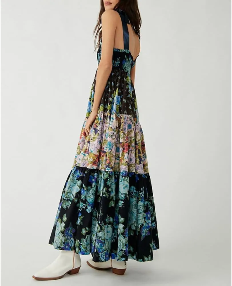 Women Floral Maxi Dress Sleeveless Tie Shoulder Bohemian Flowy Smocked Casual Dresses Summer Sundress with Pockets