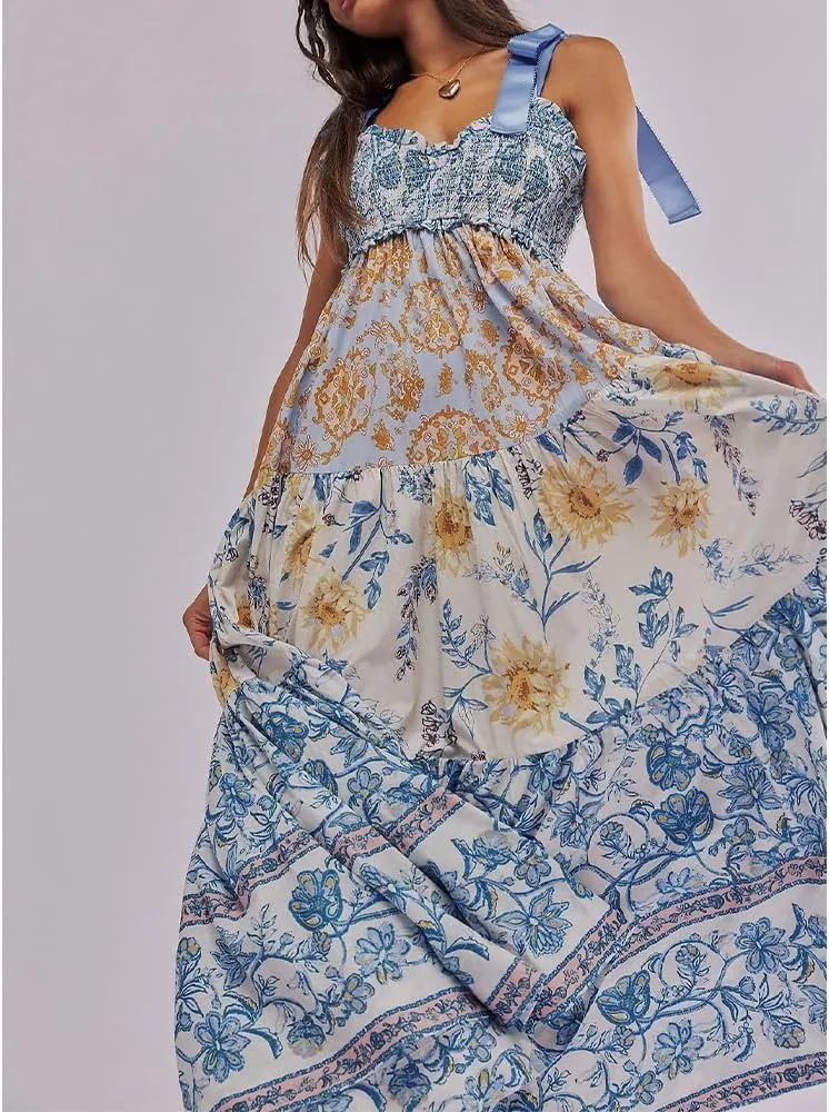 Women Floral Maxi Dress Sleeveless Tie Shoulder Bohemian Flowy Smocked Casual Dresses Summer Sundress with Pockets