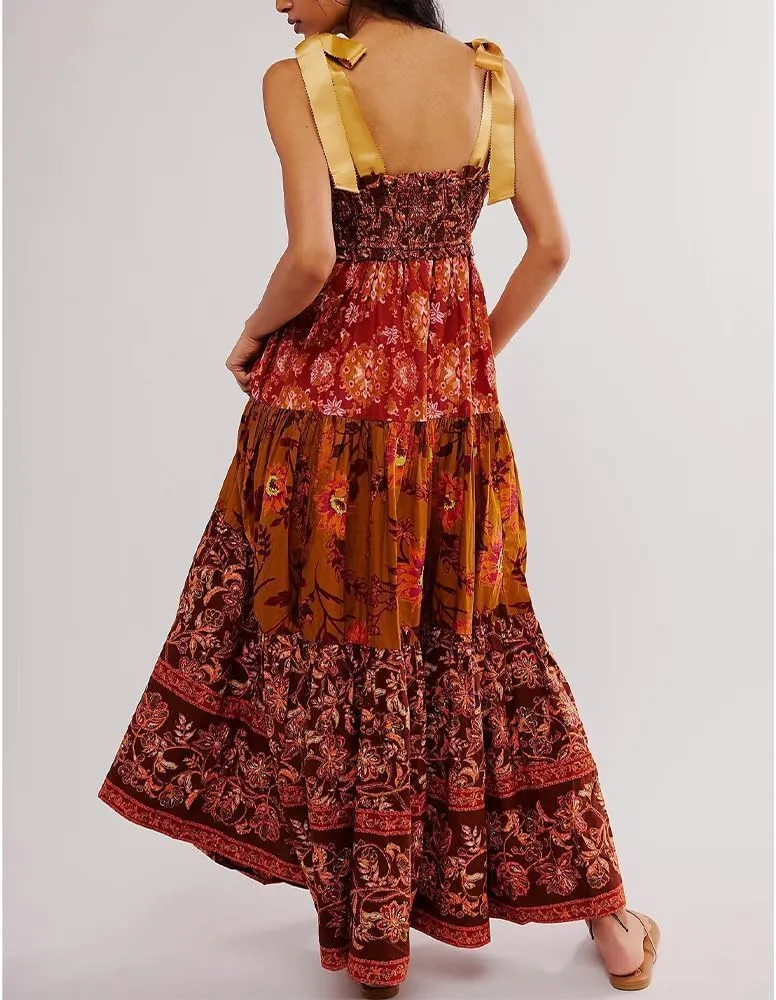 Women Floral Maxi Dress Sleeveless Tie Shoulder Bohemian Flowy Smocked Casual Dresses Summer Sundress with Pockets