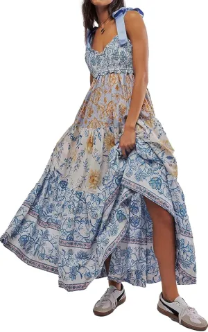 Women Floral Maxi Dress Sleeveless Tie Shoulder Bohemian Flowy Smocked Casual Dresses Summer Sundress with Pockets