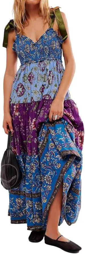 Women Floral Maxi Dress Sleeveless Tie Shoulder Bohemian Flowy Smocked Casual Dresses Summer Sundress with Pockets