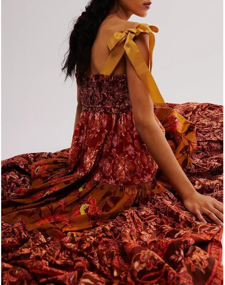 Women Floral Maxi Dress Sleeveless Tie Shoulder Bohemian Flowy Smocked Casual Dresses Summer Sundress with Pockets
