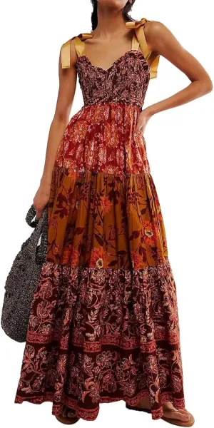Women Floral Maxi Dress Sleeveless Tie Shoulder Bohemian Flowy Smocked Casual Dresses Summer Sundress with Pockets