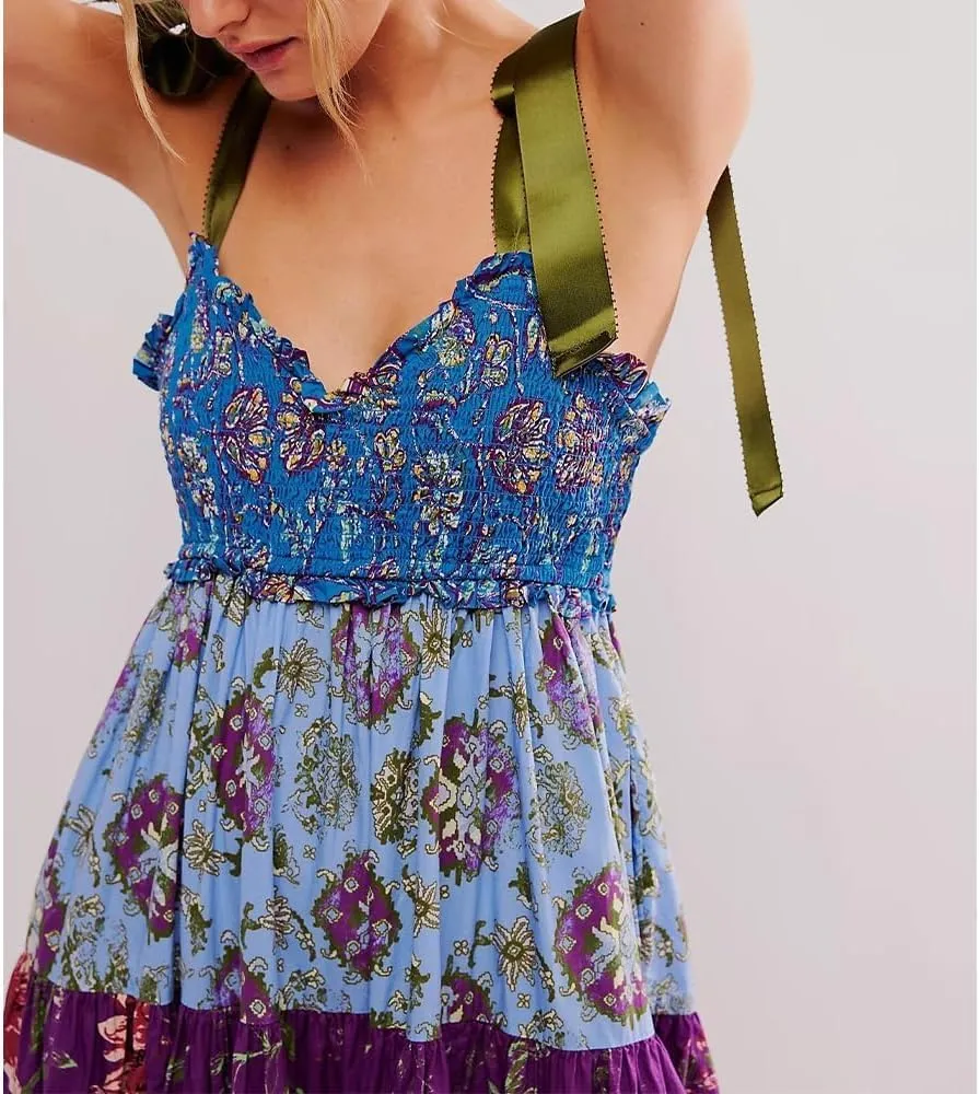 Women Floral Maxi Dress Sleeveless Tie Shoulder Bohemian Flowy Smocked Casual Dresses Summer Sundress with Pockets