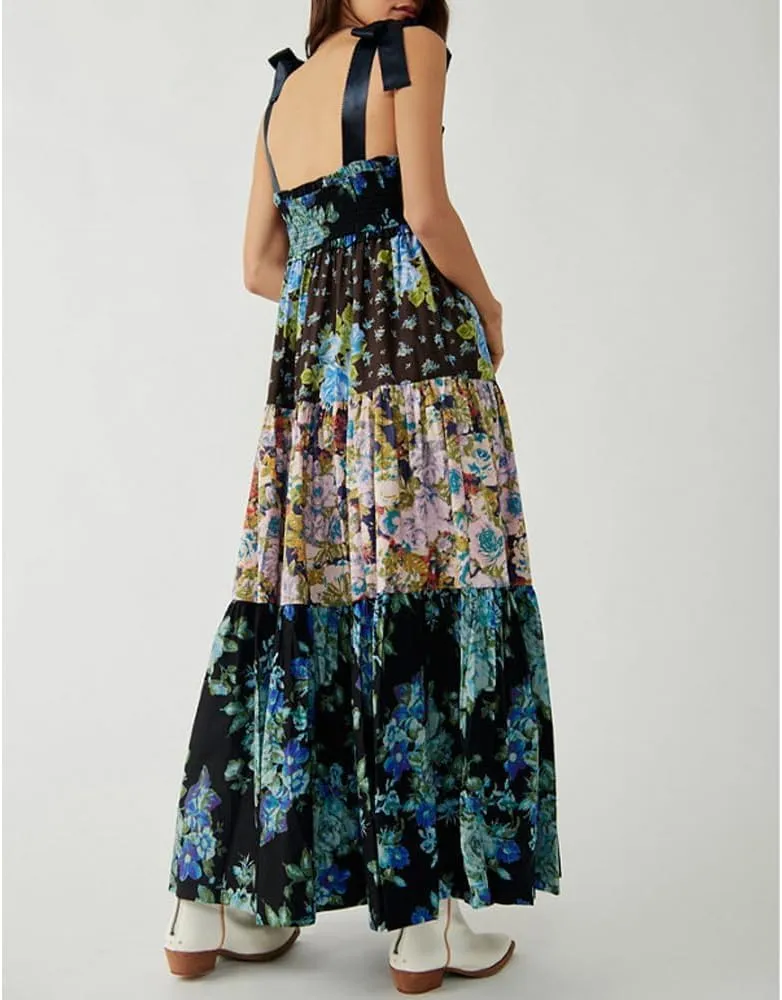Women Floral Maxi Dress Sleeveless Tie Shoulder Bohemian Flowy Smocked Casual Dresses Summer Sundress with Pockets