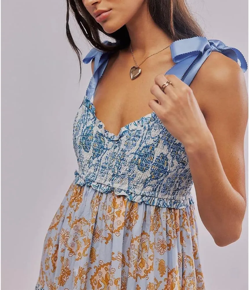 Women Floral Maxi Dress Sleeveless Tie Shoulder Bohemian Flowy Smocked Casual Dresses Summer Sundress with Pockets