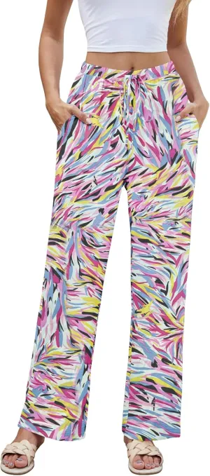 Women High Waist Casual Pants Elastic Wide Leg Summer Beach Palazzo Trousers with Pockets Lightweight Comfy