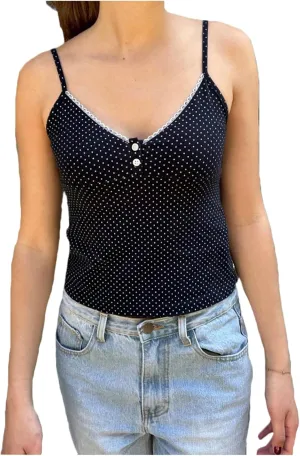 Women Polka Dot Cami Top Y2K Spaghetti Strap Crop Tank Top Sexy Sleeveless Backless V Neck Lace Trim Camisole