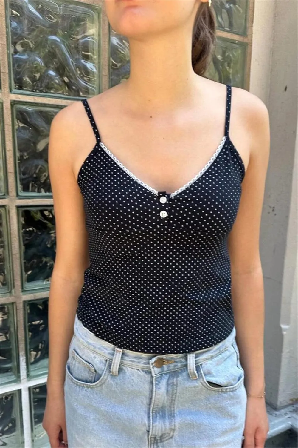 Women Polka Dot Cami Top Y2K Spaghetti Strap Crop Tank Top Sexy Sleeveless Backless V Neck Lace Trim Camisole