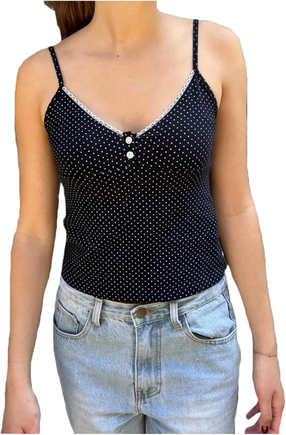 Women Polka Dot Cami Top Y2K Spaghetti Strap Crop Tank Top Sexy Sleeveless Backless V Neck Lace Trim Camisole