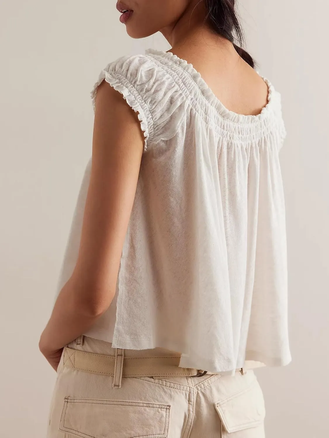 Women Ruffle Tie Front Babydoll Tops Summer Flowy Short Sleeve Peplum Top Boho Y2k Loose Fit Going Out Peasant Blouse