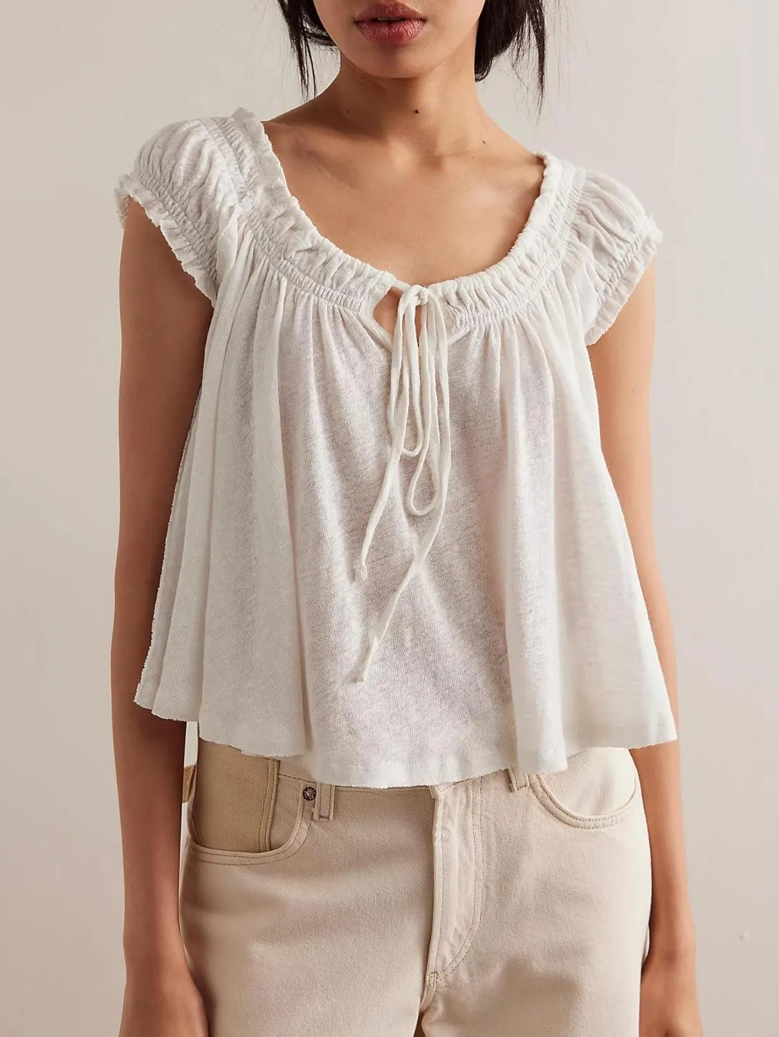 Women Ruffle Tie Front Babydoll Tops Summer Flowy Short Sleeve Peplum Top Boho Y2k Loose Fit Going Out Peasant Blouse