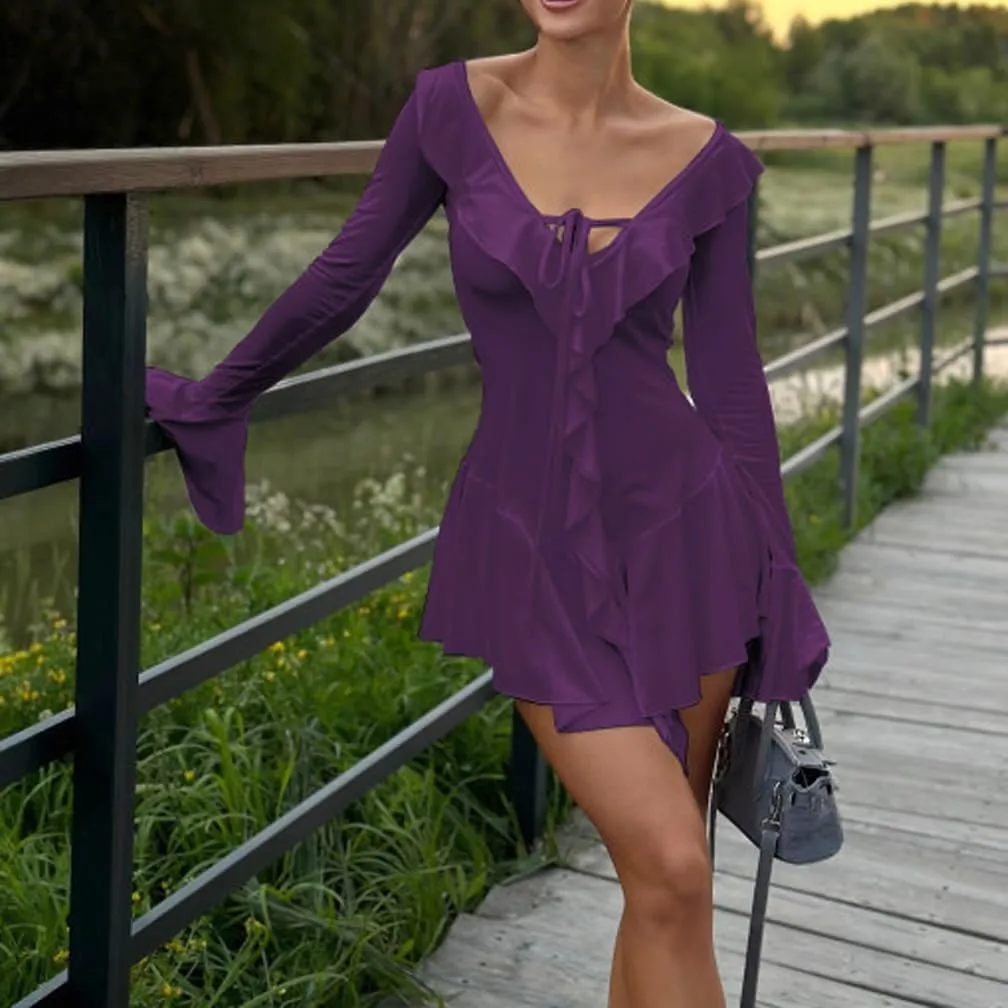 Women Sexy V Neck Tie Front Ruffle Mini Dress Autumn Long Sleeve Casual Slim Fit Solid Ruched Bodycon Short Dress