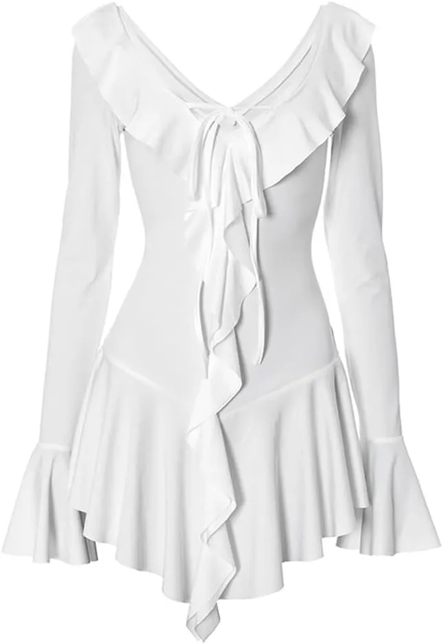 Women Sexy V Neck Tie Front Ruffle Mini Dress Autumn Long Sleeve Casual Slim Fit Solid Ruched Bodycon Short Dress