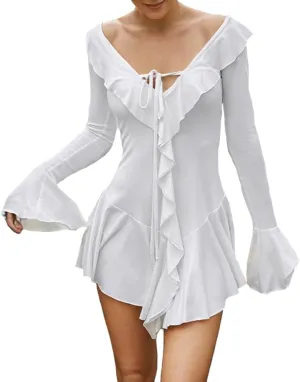 Women Sexy V Neck Tie Front Ruffle Mini Dress Autumn Long Sleeve Casual Slim Fit Solid Ruched Bodycon Short Dress