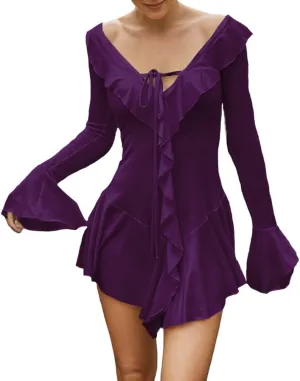 Women Sexy V Neck Tie Front Ruffle Mini Dress Autumn Long Sleeve Casual Slim Fit Solid Ruched Bodycon Short Dress