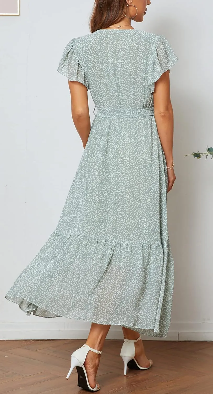 Women Short Sleeve V Neck Floral High Low Flowy Midi Summer Party Long Maxi Dress