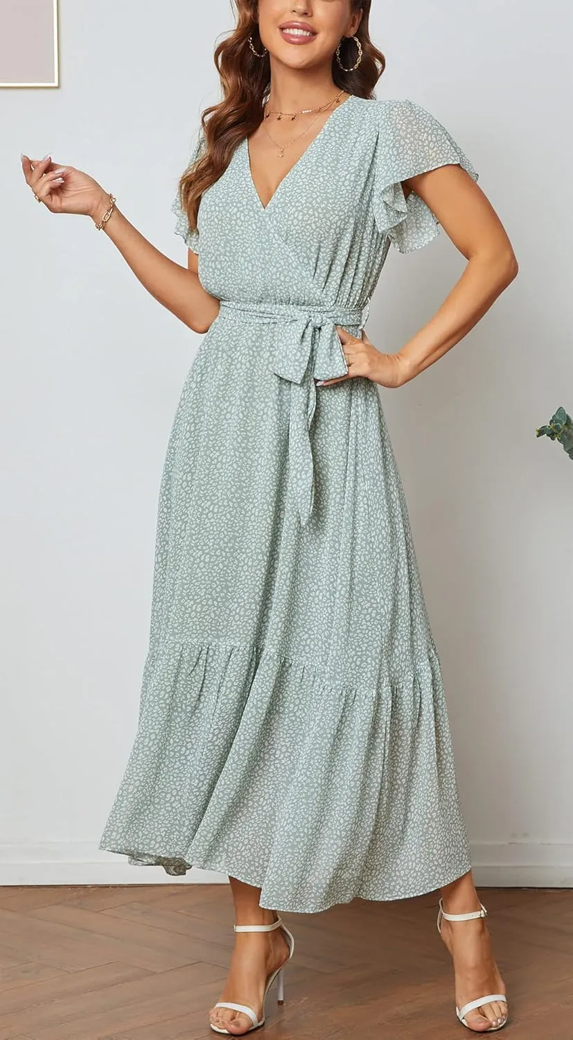 Women Short Sleeve V Neck Floral High Low Flowy Midi Summer Party Long Maxi Dress